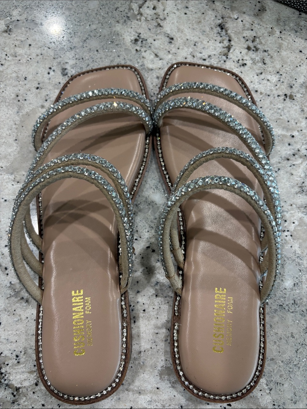 Crystal-Embellished Taupe Slide Sandals by CUSHIONAIRE